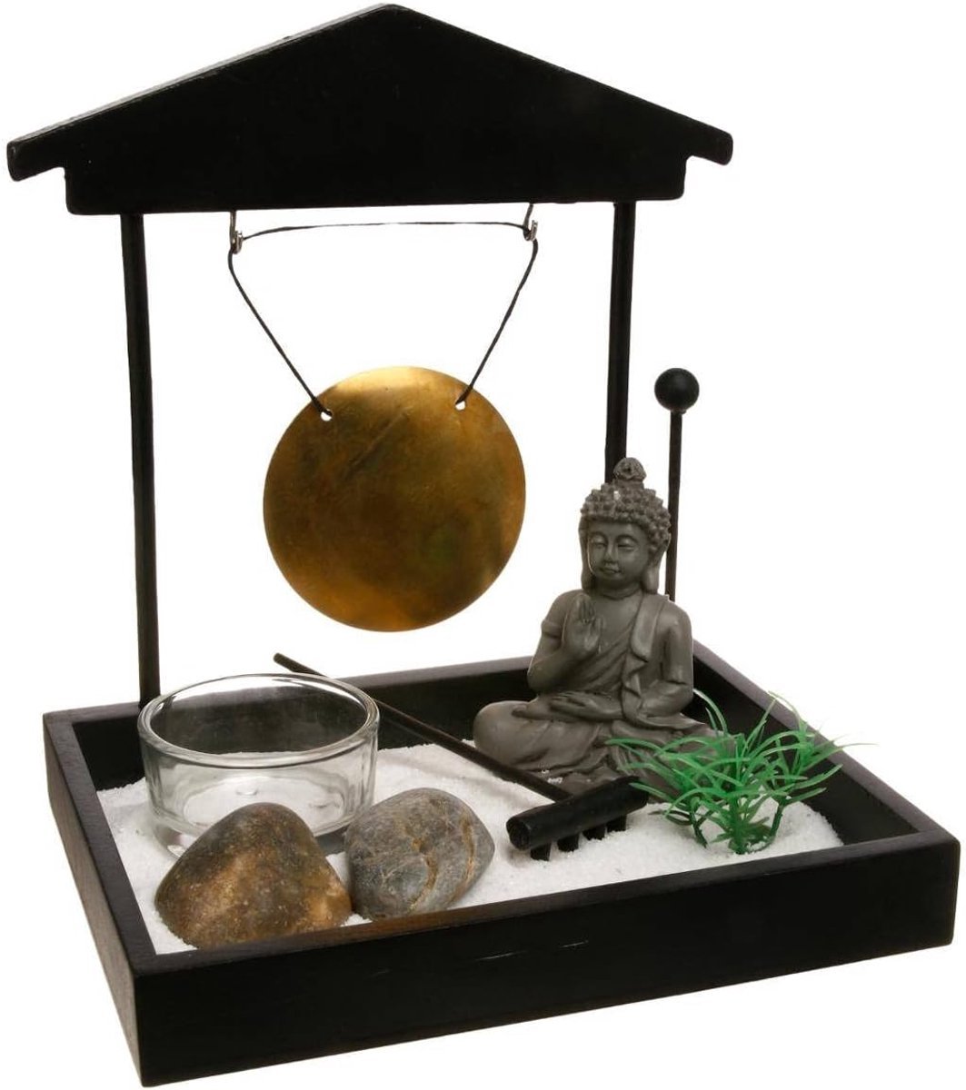 Stunq® Meditatiehoek met Houten Sculptuur, Gong en Zachte Stoffen voor Ontspanning