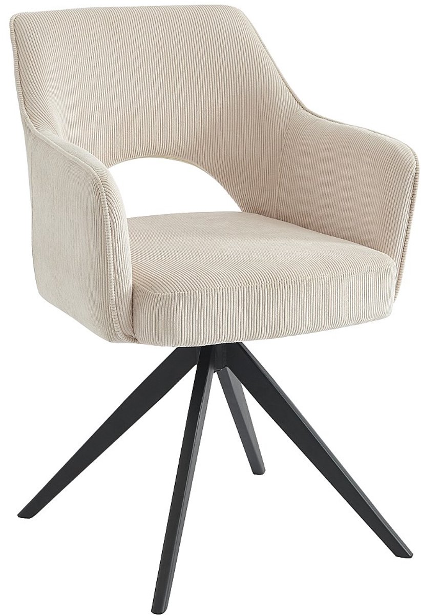 Vente-unique Set van 2 draaistoelen met armleuningen van ribfluweel en zwart metaal - Crèmewit - KONYA