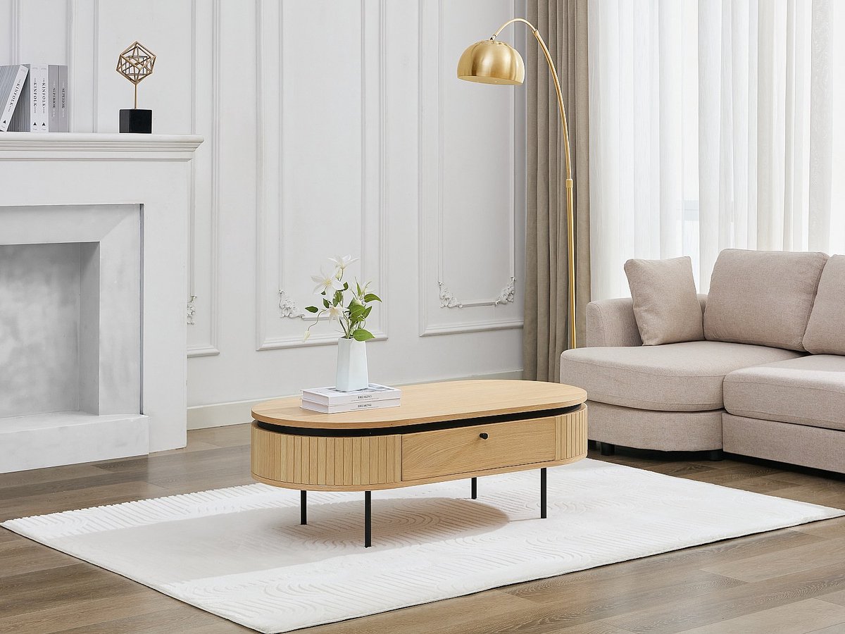 Vente-unique Salontafel met 2 lades met eikenfineer en metaal - Licht naturel en zwart - CARDIONA Natuurlijk licht