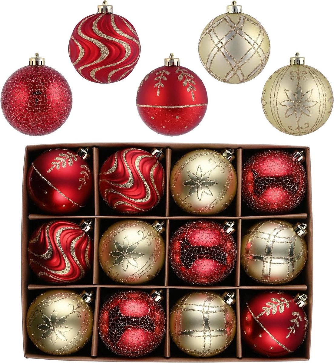 Cosensi Kerstballen Set van 12 stuks 8 cm - Cadeaupakket - Kerstboomversiering - Hanger - Decoratie Kerstmis Rood Goud Any