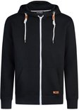 Zwarte hoodie met rits, capuchon, witte koordjes, opgestikte zakken en label.