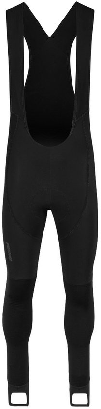 Zwarte fietsbroek met bretels, achterkant.