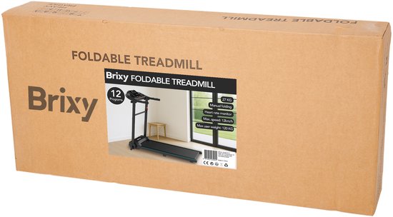 Doos van de Brixy inklapbare loopband met afbeeldingen en specificaties.