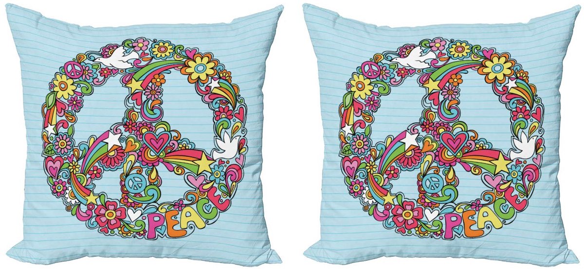 ABAKUHAUS Hippie Kussenhoezen – Set van 2 – Dubbelzijdig bedrukt – Floral Peace Babyblauw