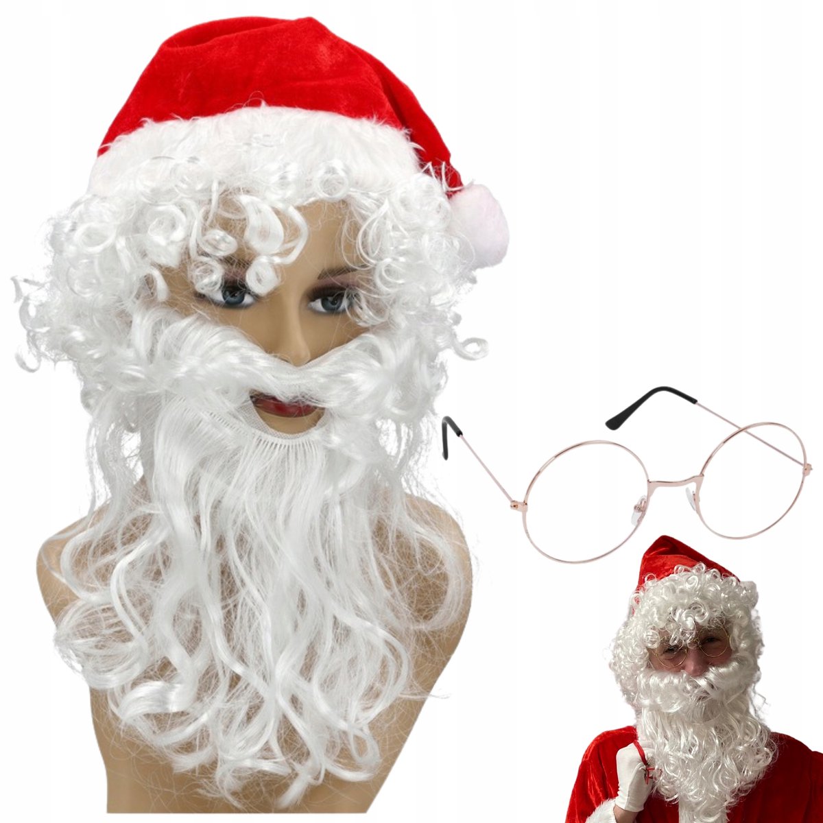 Kerstmanset: Pruik, Baard & Bril - Compleet Kostuum