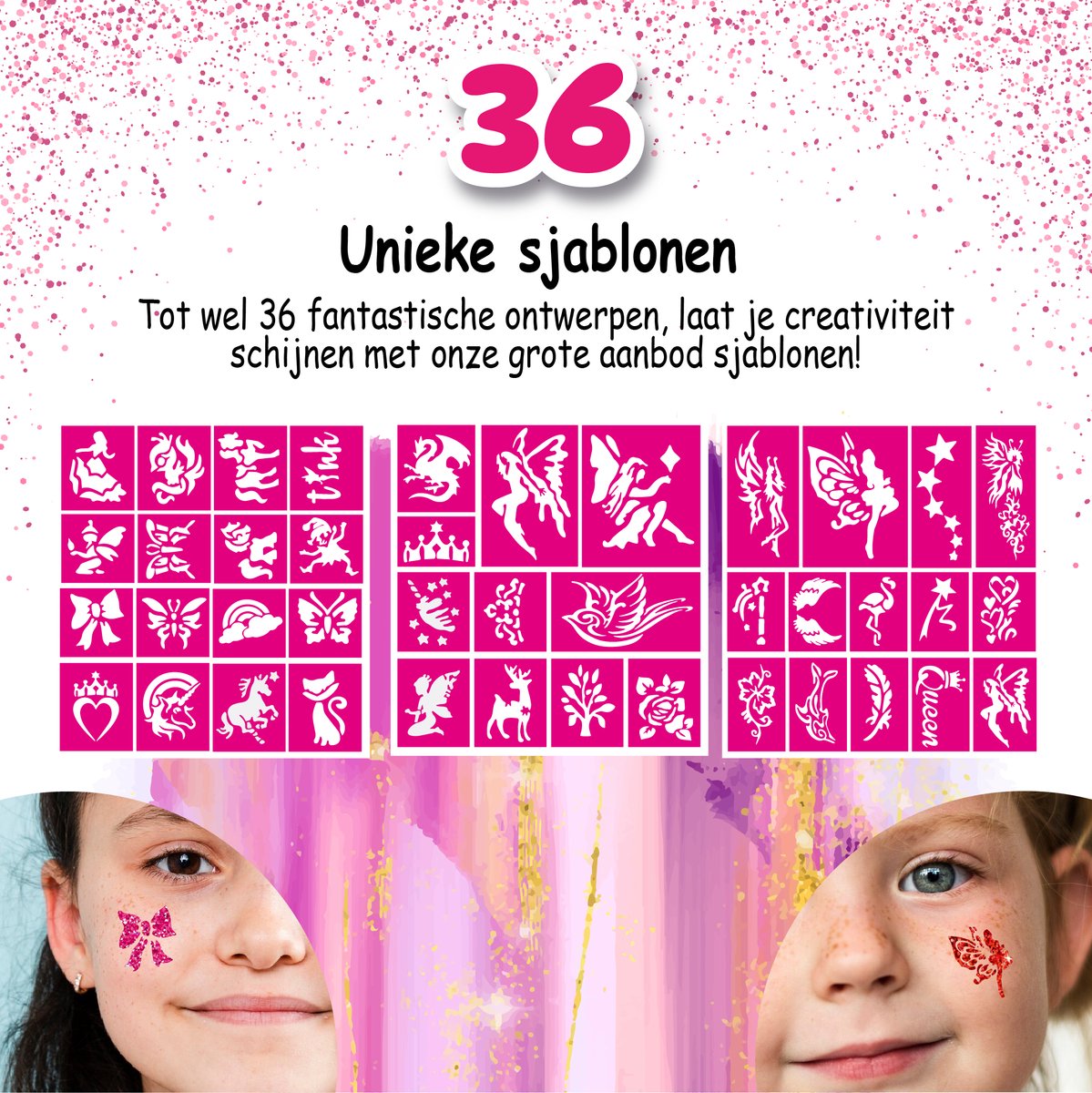 Craftiverse Glitter Tattoo Set – Prinsessen & Feeën Editie – 36 Sjablonen - 6 Kleuren - Schmink Sjablonen - Knutselpakket - Knutselen Meisjes - Huidlijm Voor Glitters - Inclusief Handleiding — afbeelding 3