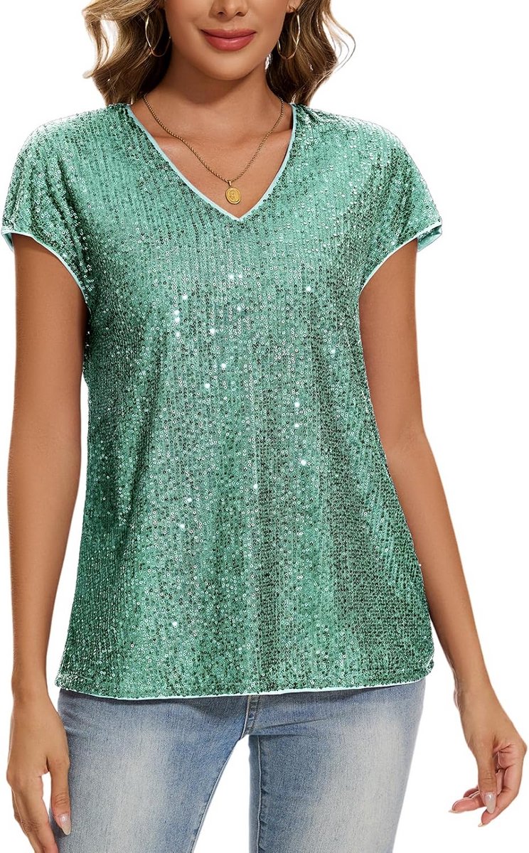 Dames Glitter Top met Korte Mouwen en V-Hals – Glanzend Party T-Shirt met Cap Mouwen voor Vrije Tijd & Festival