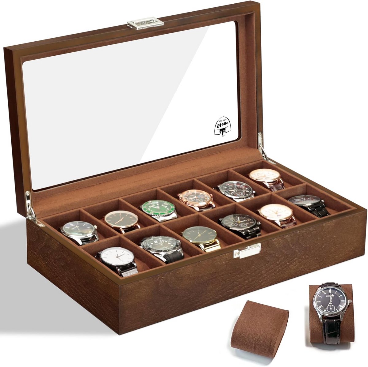 Houten Horlogebox met Glazen Deksel voor 12 Horloges - Handgemaakt Elegante Watchbox met Ruime Opslag voor Mannen Vrouwen - Bruin