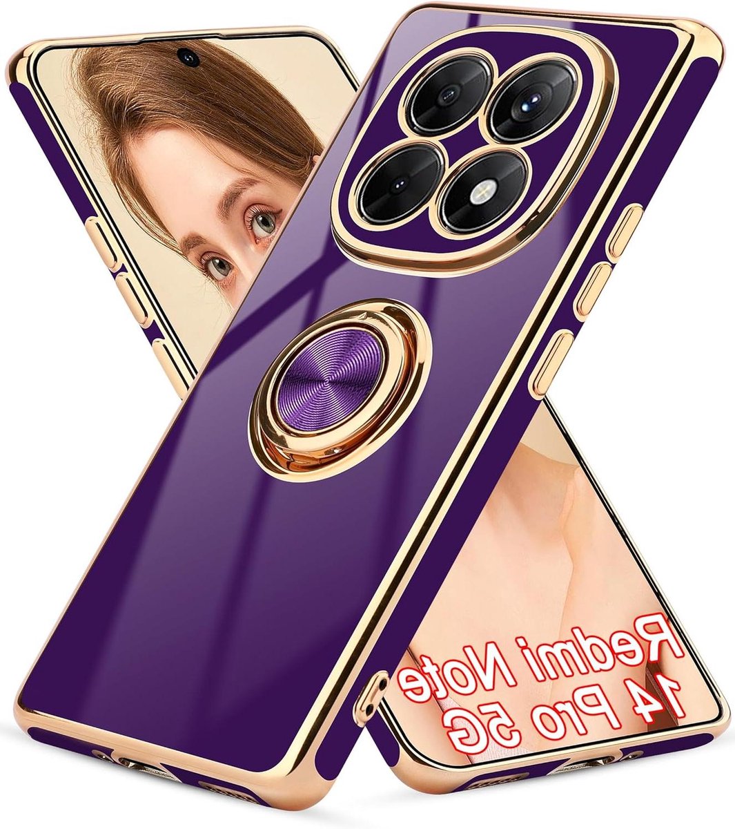 Ronte - Beschermhoes voor smartphone met draaibare ring, magnetische standaard, schokbestendig - donkerpaars/goud