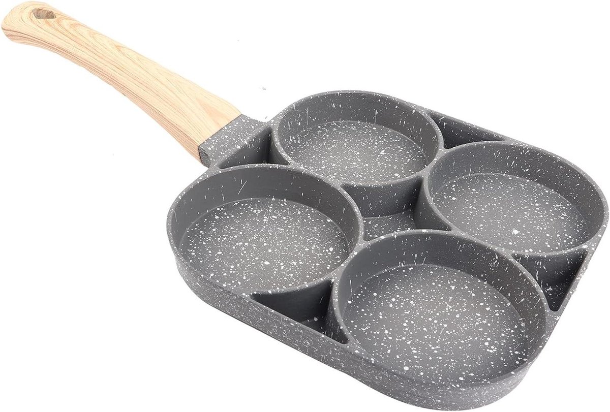 Koekenpan met 4 gaten, anti-aanbak-eierpannenkoekenpan met houten handvat, compatibel met inductiekookplaat, gasfornuis, elektrische keramische oven