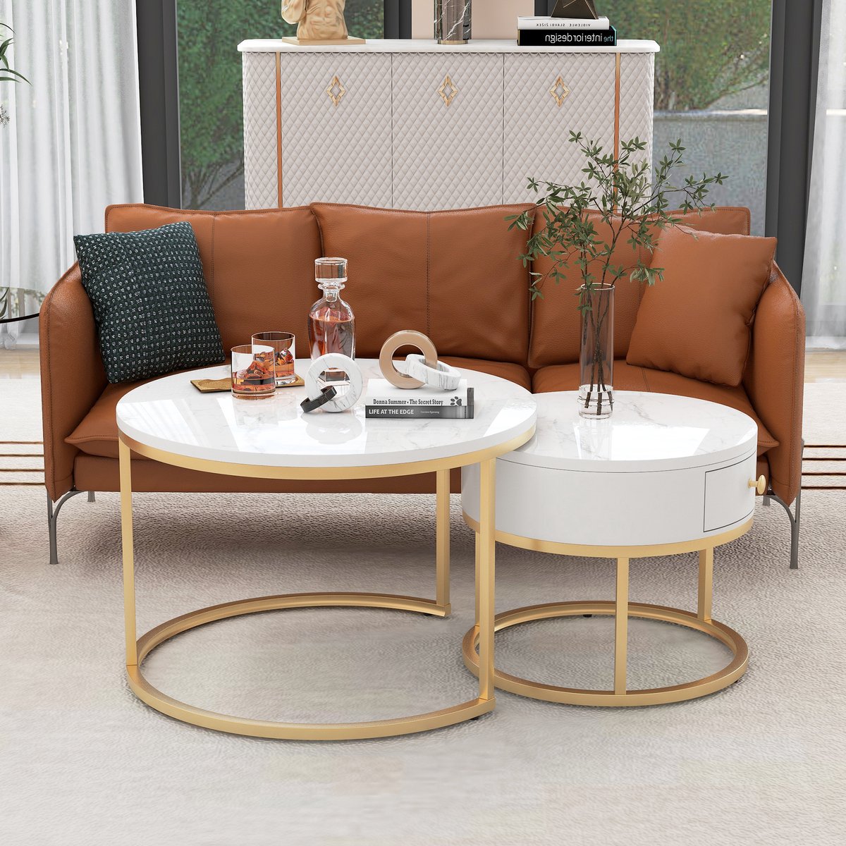 Moderne geneste marmeren salontafel set van 2 stuks - ronde salontafel - ronde bijzettafel