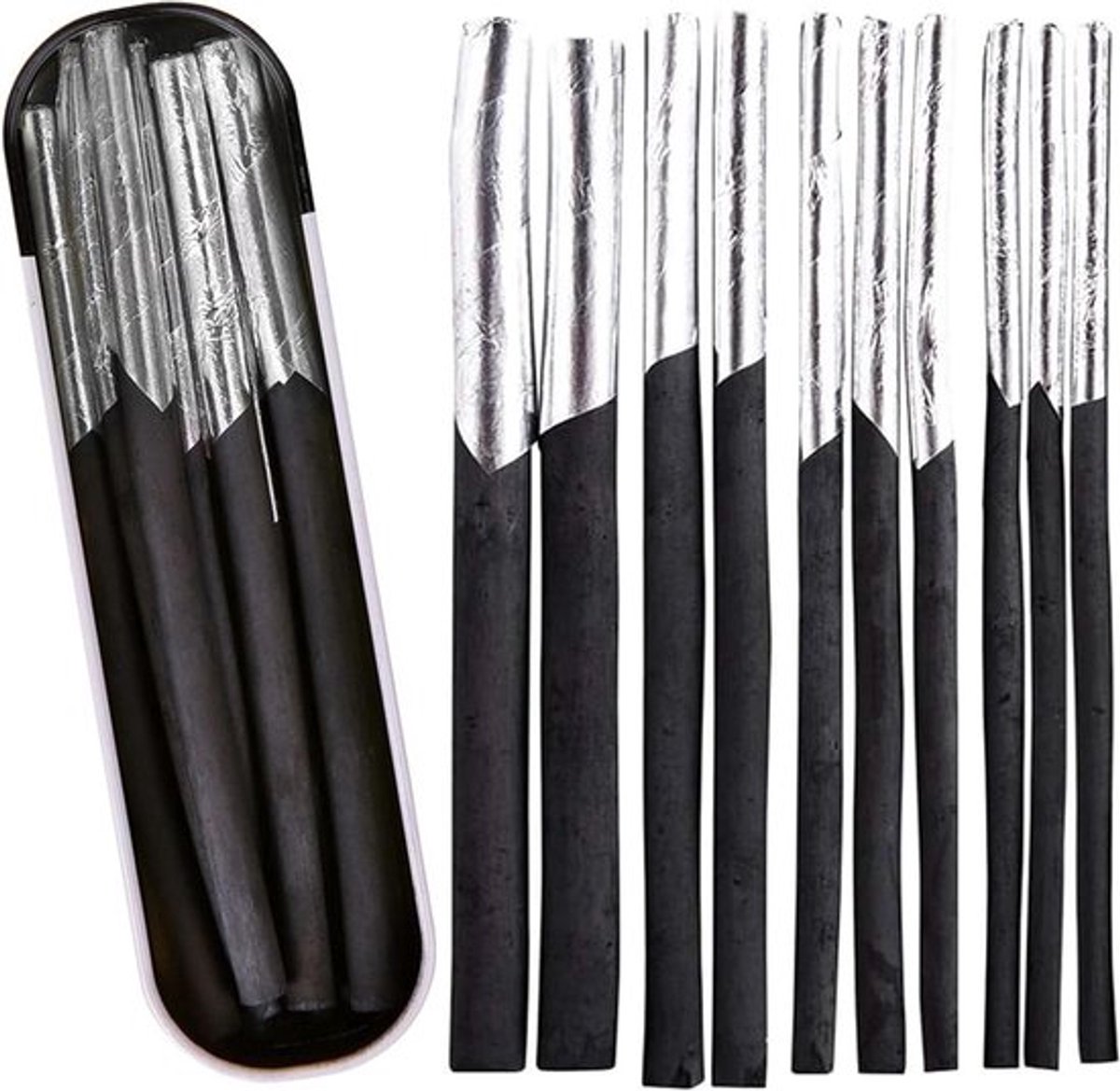 10 stuks tekenkoolset houtskoolstiften in zwart 4 verschillende maten - Aluminium case professionele set voor tekenen, schetsen en kunst