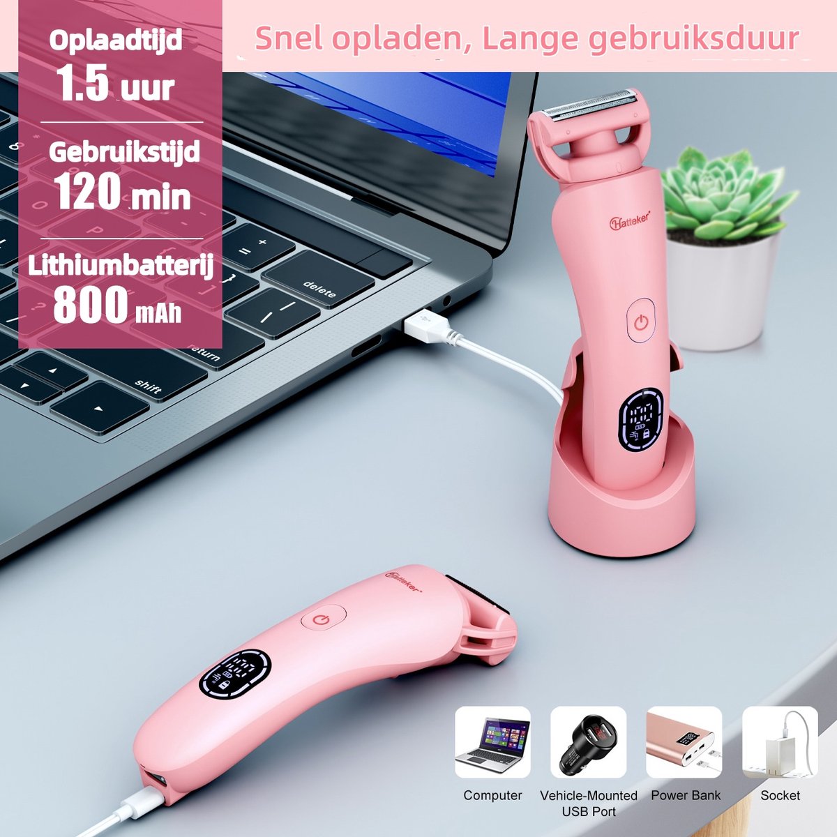 Hatteker 3-in-1 Ladyshave voor Vrouwen - Roze thumbnail 4