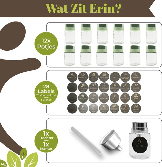 Set van 12 glazen kruidenpotjes met groene deksels, 28 etiketten en een trechter.