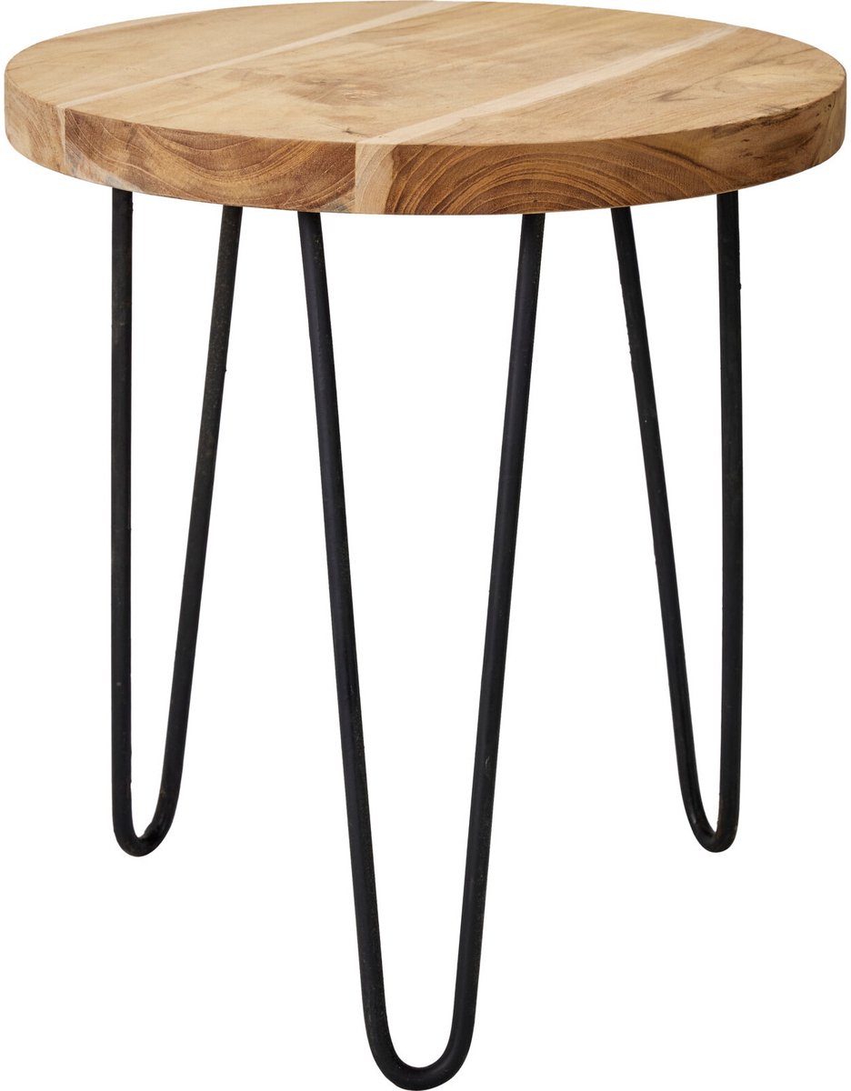 Home & Styling Bijzettafel - zwart/bruin - metaal en teak hout - D38 cm - plantenpot verhoger - binnen/buiten