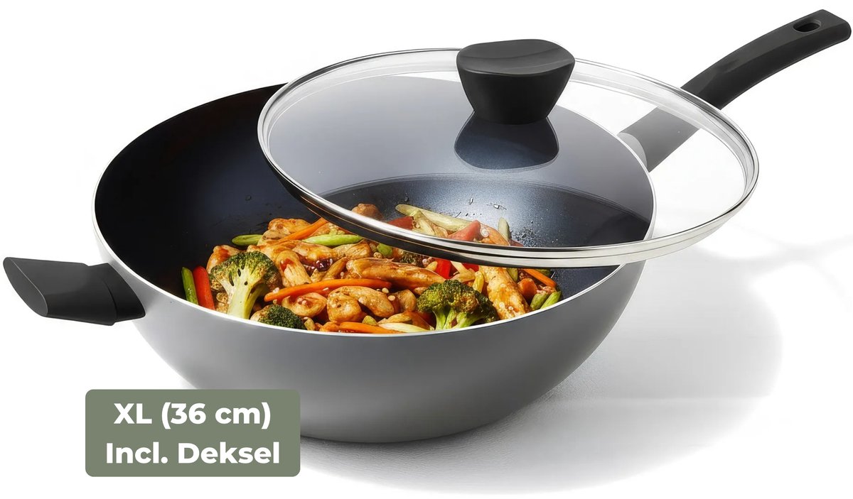 ISENVI Avon - Wokpan - 36 cm - keramische pan - wokpan inductie - wokpan met deksel - Ergo greep