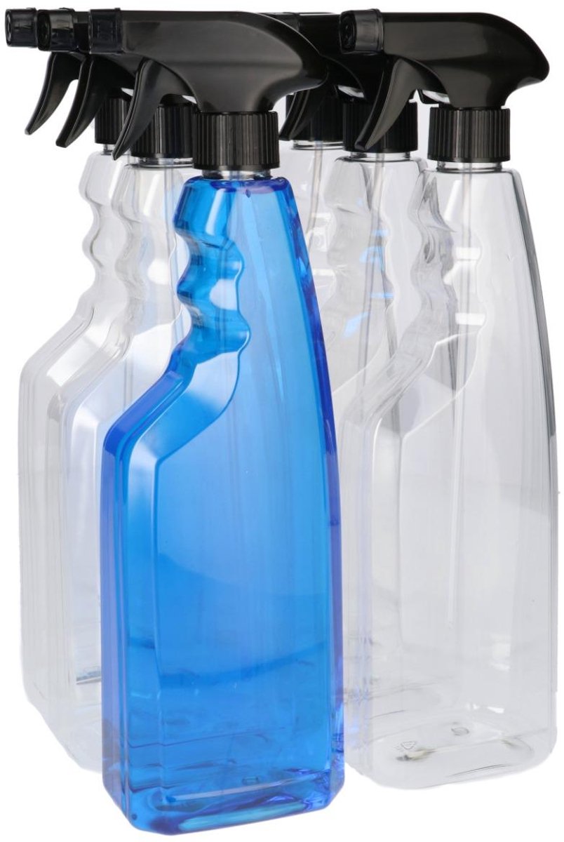 6 x 750 ml Sprayfles PET transparant + spraypomp zwart- PET Kunststof BPA-vrij - Plastic Flessen Navulbaar - Met Dop - Lege Flessen - 6 stuks