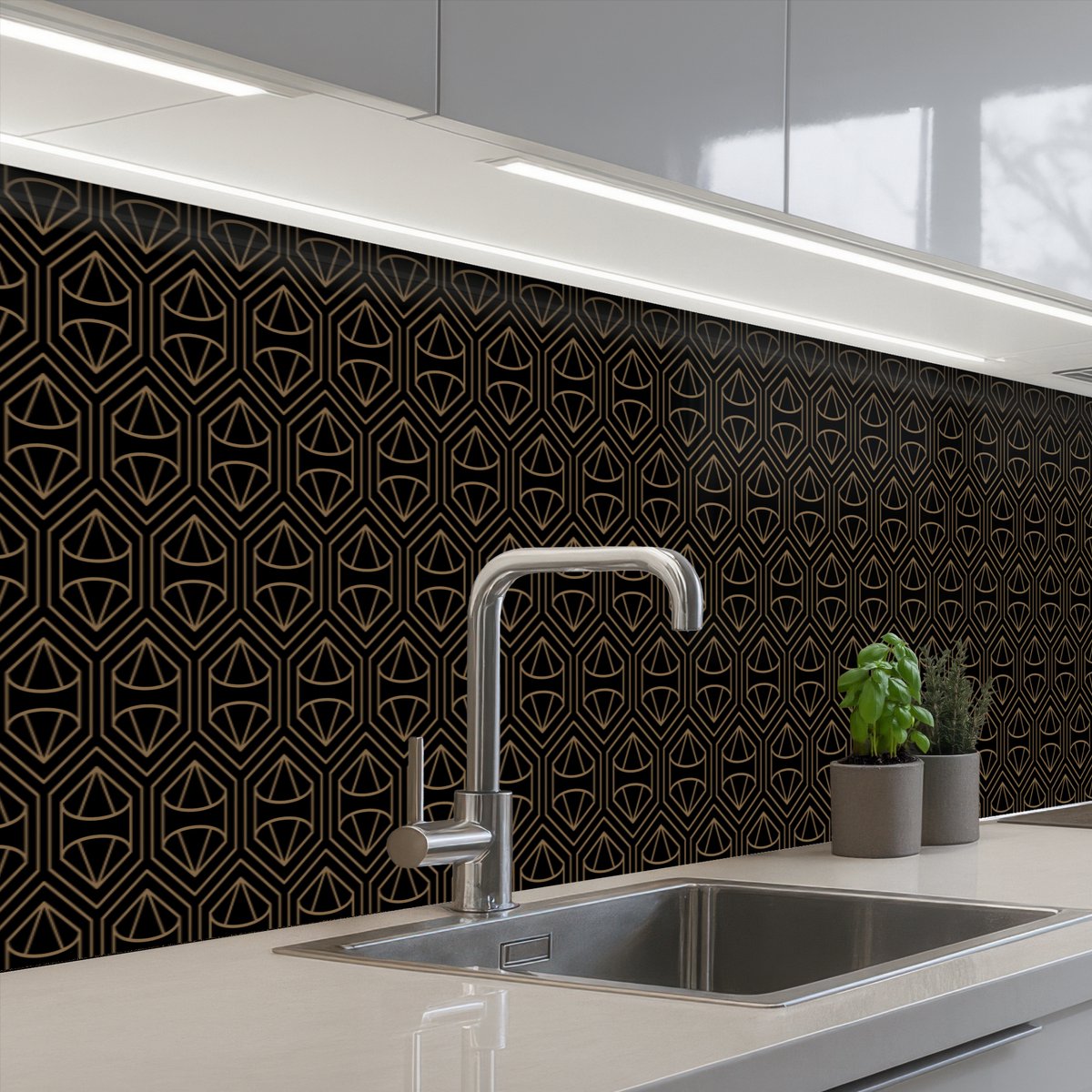 Keuken achterwand 400x80 cm - Spatscherm zelfklevend Goud - Zwart - Diamant - Muurbeschermer - Spatwand fornuis