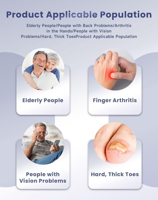 Illustratie van ouderen, artritis, mensen met een visuele beperking en dikke teennagels die het product gebruiken.