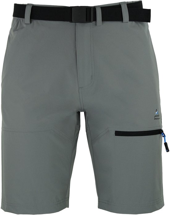 Grijze Peak Mountain wandelshort met zwarte riem en logo op de linker zak.