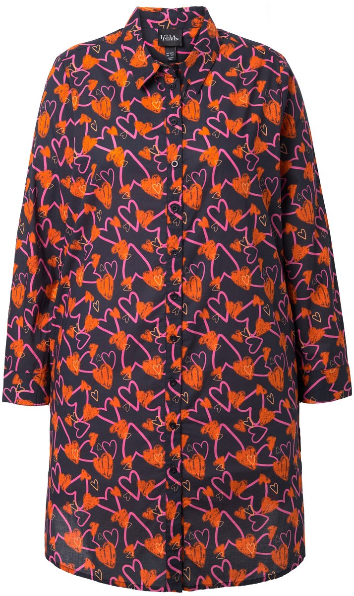 Ulla Popken - Dames - Lange blouse harten A-lijn overhemdkraag lange mouwen - Zwart - Maat 58+