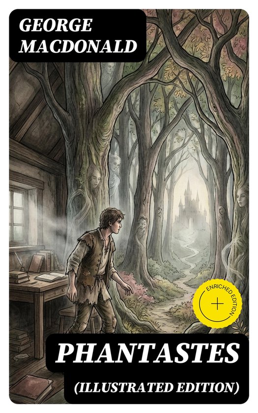 Livre "Phantastes (Illustrated Edition)" de George Macdonald. Un garçon en haillons se tient à côté d'un bureau dans un cadre forestier.