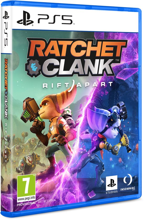 De cover van Ratchet & Clank: Rift Apart toont Ratchet en Rivet die vechten tegen een leger van vijanden.