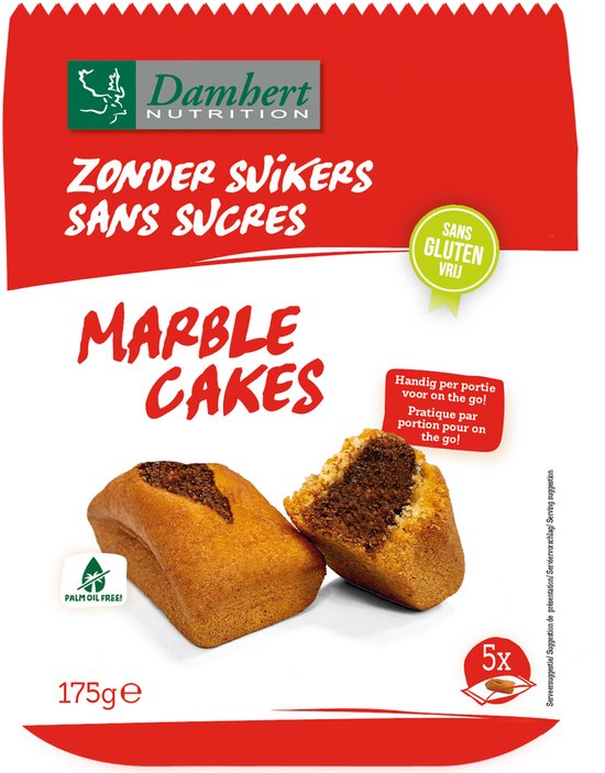 Damhert Marble Cakes, 5x 175g. Zonder suikers. Handige porties gebak met een marmerpatroon van bruin en lichtgeel gebak. "Palm Oil Free".