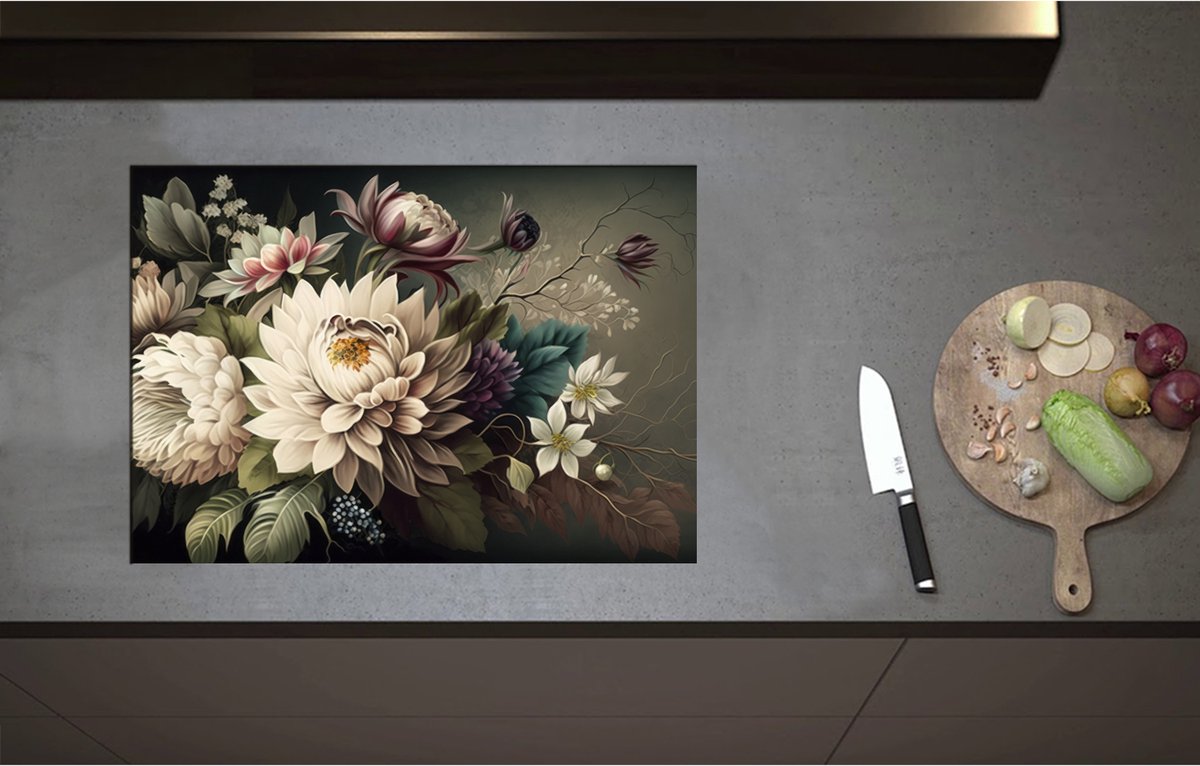 Inductieplaat Beschermer - Boeket Bloemen in Verschillende Kleuren - 71x50 cm - 2 mm Dik - Inductie Beschermer - Bescherming Inductiekookplaat - Kookplaat Beschermer van Zwart Vinyl
