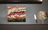 Inductieplaat Beschermer - Bloeiend Bloemenveld van Verschillende Kleuren Bloemen in de Lente - 57x51 cm - 2 mm Dik - Inductie Beschermer - Bescherming Inductiekookplaat - Kookplaat Beschermer van Wit Vinyl