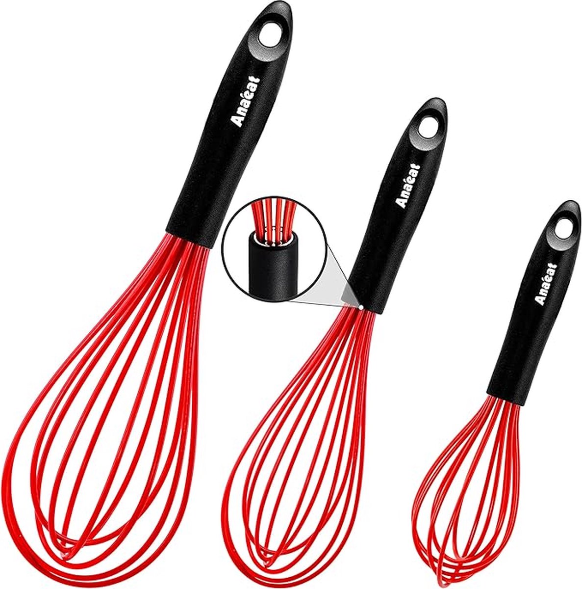 CLORD Siliconen garde set van 3 met dikke roestvrijstalen draden aan de binnenkant. Hittebestendig en geschikt voor gebruik met antiaanbak kookgerei. Ideaal voor kloppen mixen en opkloppen. rood