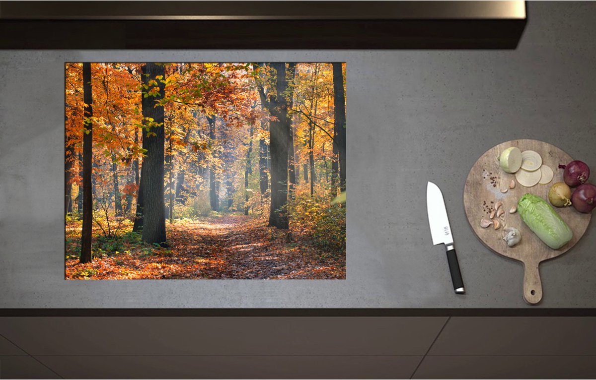 Inductieplaat Beschermer - Bos met Oranje Blaadjes in de Herfst - 71x55 cm - 2 mm Dik - Inductie Beschermer - Bescherming Inductiekookplaat - Kookplaat Beschermer van Wit Vinyl