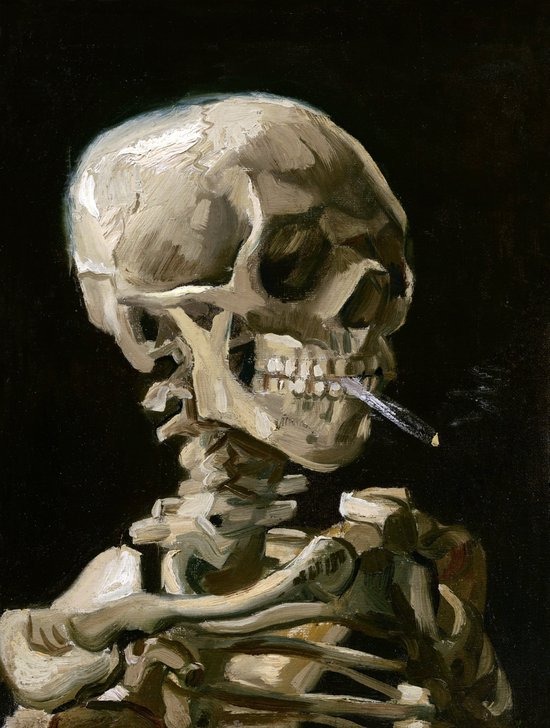 Van Gogh Reproductie: Velvet Textieldoek - Skelet met Sigaar - 80 x 120 cm met zwarte aluminium textielframe - Kunstzinnige Decoratie voor Woonkamer & Kantoor - Meesterwerk Reproductie in Verfijnd Textiel