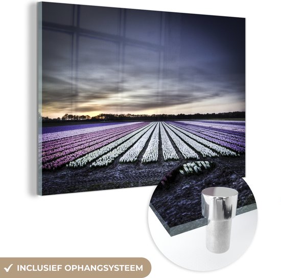 MuchoWow® Glasschilderij 120x80 cm - Schilderij acrylglas - Tulpenvelden bij de Keukenhof in Holland - Foto op glas - Schilderijen