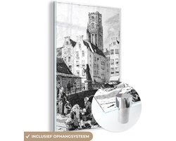 ® Glasschilderij 20x30 cm - Schilderij acrylglas - Zwart-wit illustratie van de grote markt in Rotterdam - Foto op glas - Muurdecoratie woonkamer - Wanddecoratie slaapkamer - Schilderijen