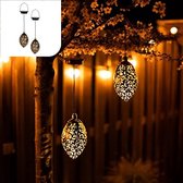 Hangende Oosterse Lantaarn set van 2 | Donker Brons/Goud | Metaal | Led buitenverlichting | tuinverlichting op zonne energie buiten | dag/nacht sensor | 52,5 x 10 cm