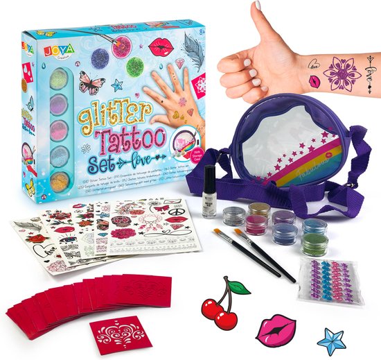 Joya Creative Glitter Tattoo Set XXL - BIO DEGRADABLE Glitter Tattoos - 7 glitterkleuren - 36 sjablonen - Plak tattoos voor Kinderen - Kinderfeestje - Verkleedfeestje