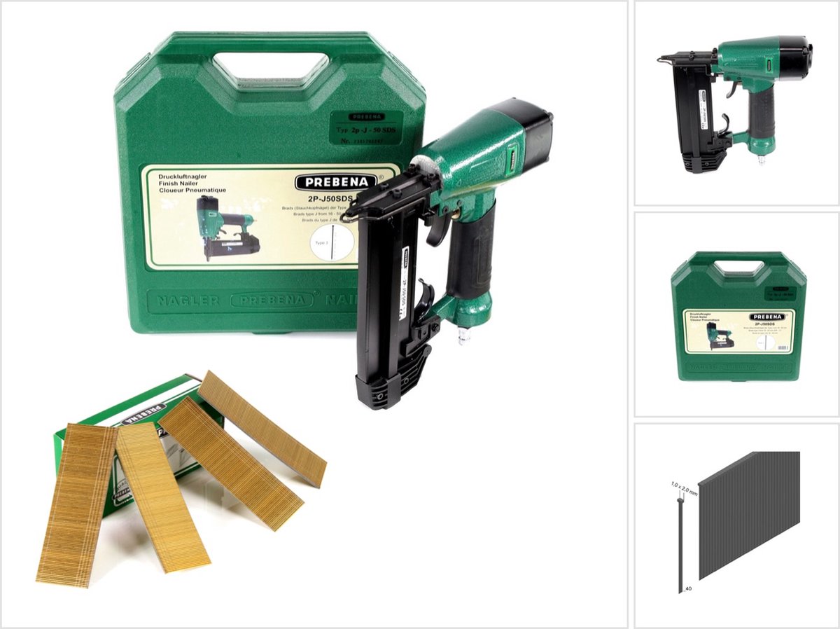 Prebena 2P-J50SDS Luchtdruk-persluchtnagelmachine 5-7 bar in transportkoffer + Prebena stompnagels Brads 40 mm 5000 stuks - van verzinkt staal, geharst
