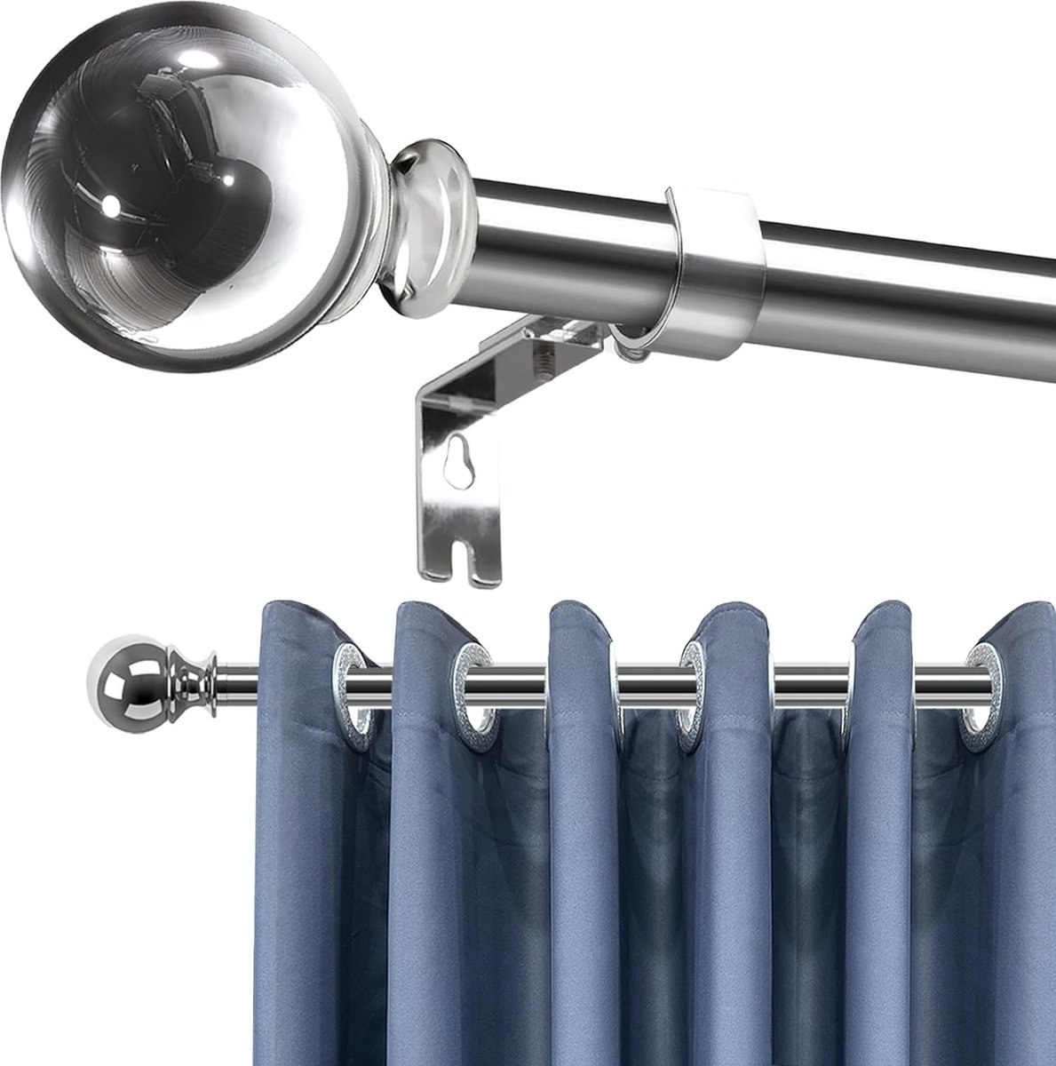 Uittrekbare gordijnrail, verstelbare gordijnroede, telescopische stang met beugels en rond eindstuk voor ramen, woonkamer, slaapkamer, 90-175 cm, zilver