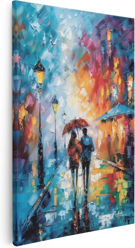 Artaza Canvas Schilderij Twee Mensen Lopen met Paraplu's in de Regen - 20x30 - Klein - Foto Op Canvas - Canvas Print