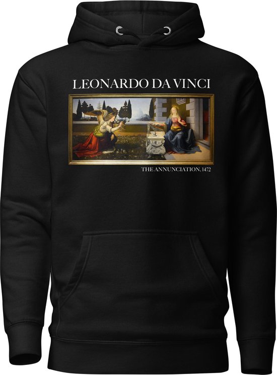 Leonardo da Vinci 'De Annunciatie' ("The Annunciation") Beroemd Schilderij Hoodie | Unisex Premium Kunst Hoodie | Zwart | S