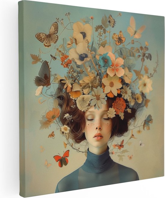 Artaza Tableau sur toile Femme avec des Fleurs sur la tête - 50x50 - Décoration murale - Photo sur toile - Impression sur toile