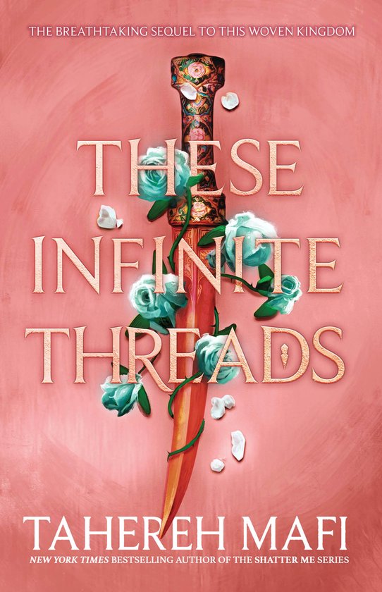 Boekomslag van "These Infinite Threads" met een gouden dolk versierd met bloemen en met de titel in grote letters.