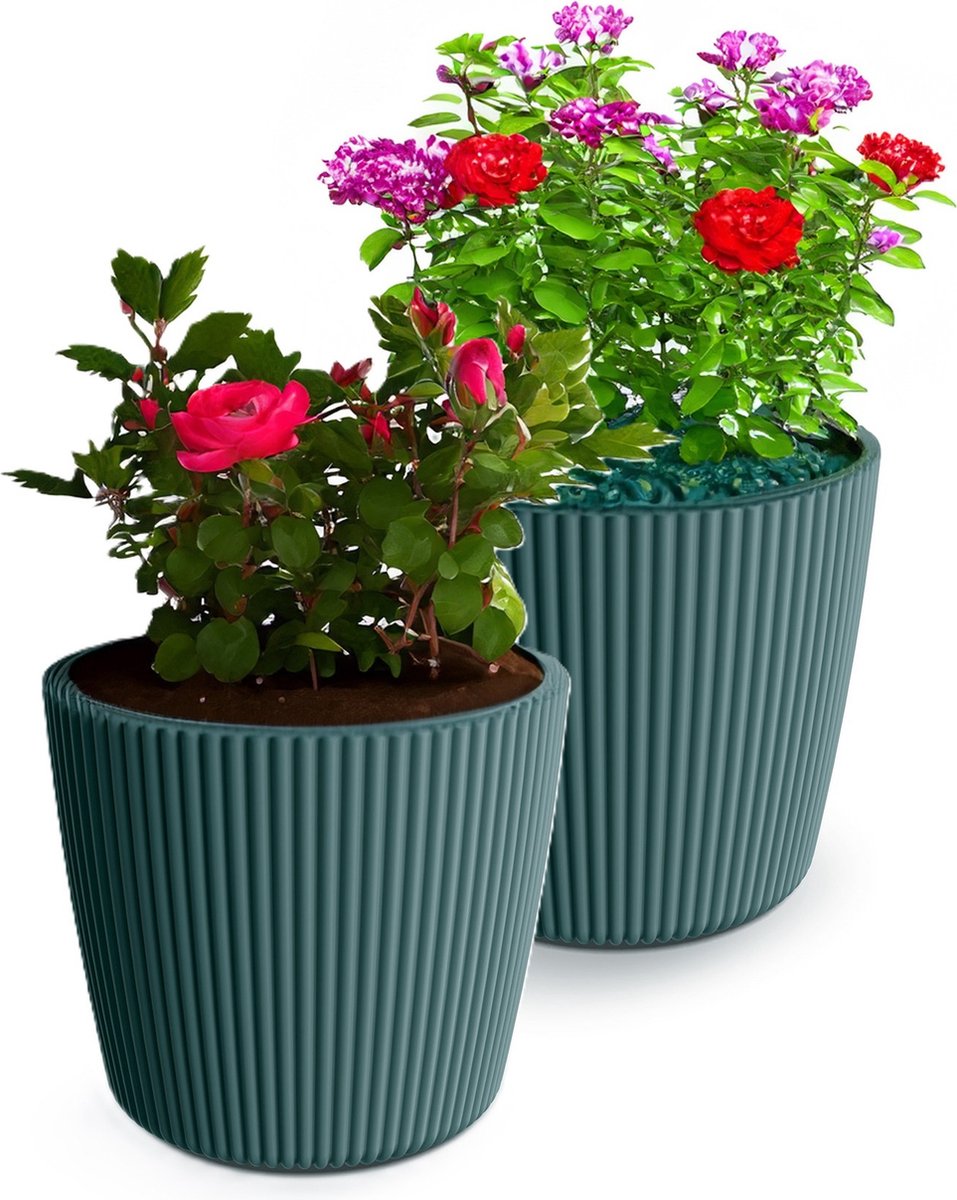 Prosperplast Plantenpot/bloempot Buckingham - 2x - kunststof - zeeblauw - D29 x H26 cm