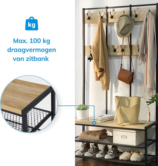 Houten zitbank met zwart metalen frame en opbergrekjes.