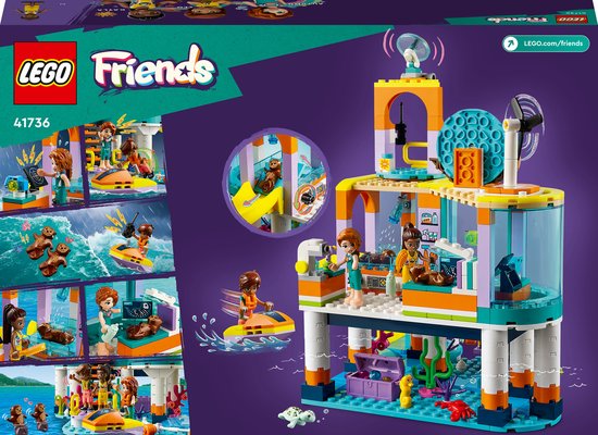 LEGO Friends Reddingscentrum op zee. Met de poppetjes Autumn, Leo en Kayla. Met een zeehond, dieren, jetski en een gebouw met glijbaan.