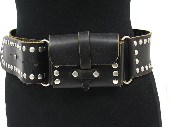 Thimbly Belts Dames ceintuur zwart met tasje - dames riem - 6 cm breed - Zwart - Echt Leer - Taille: 100cm - Totale lengte riem: 115cm