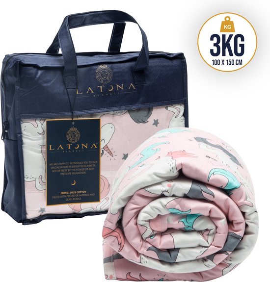 Latona Blanket® Couverture lestée Enfant 3kg - Weighted Blanket - Imprimé Licorne - 100 x 150cm - 100% polyester - 7 couches