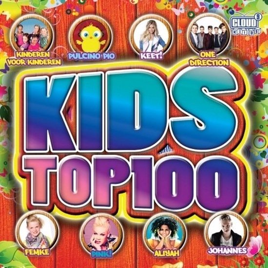 Albumcover "Kids Top 100" met in het midden de tekst "KIDS TOP 100". Rondom staan afbeeldingen van zangers en zangeressen.