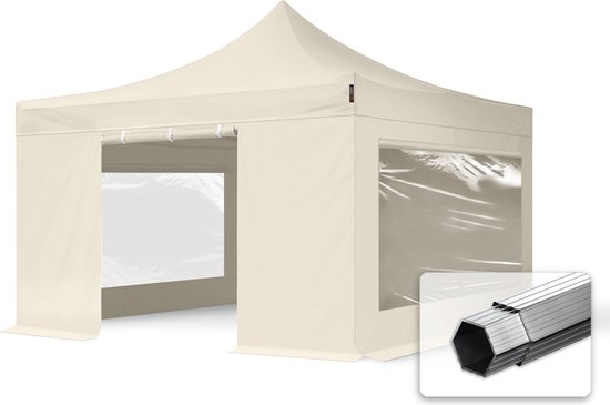 4x4 m Easy Up partytent Vouwpaviljoen met zijwanden (2 panorama), PROFESSIONAL alu 40mm, crème